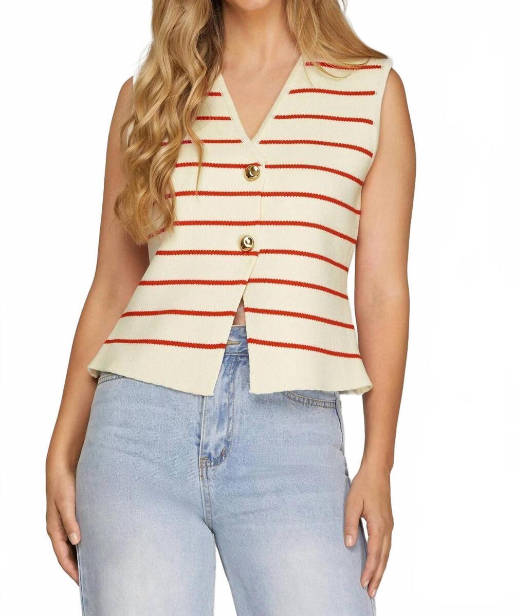NEW SHE + SKY sleeveless button striped knit sweater vest in white/red